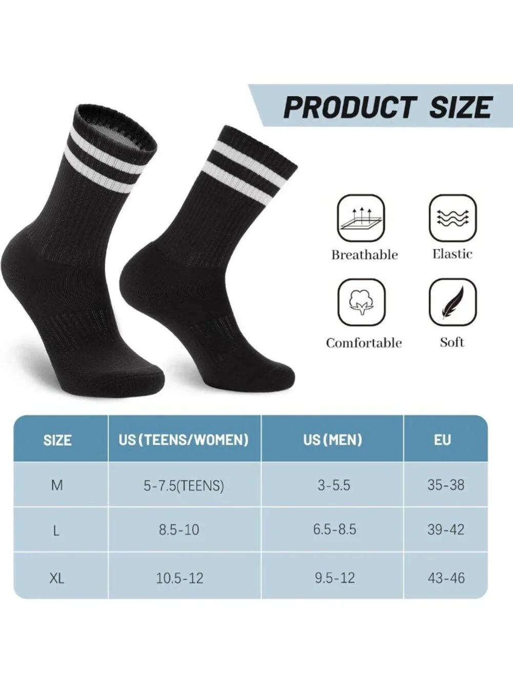 5 Pairs Striped Crew Socks - Cotton Cushioned Athletic Sports Socks for All Ages